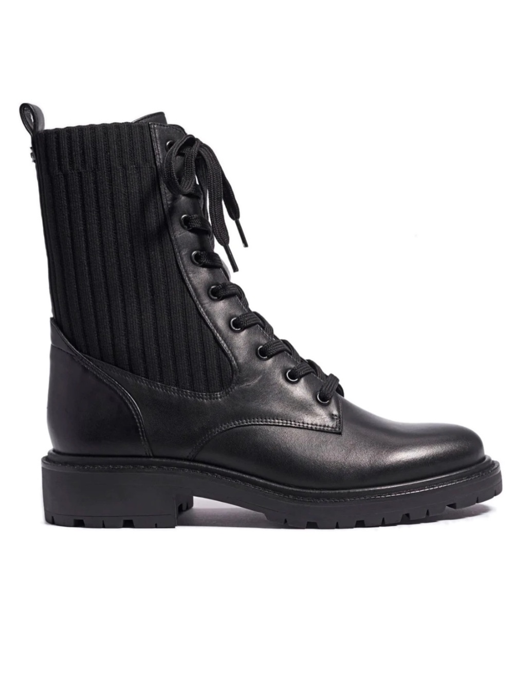 Black Lace-Up Knit Panel Combat Boots